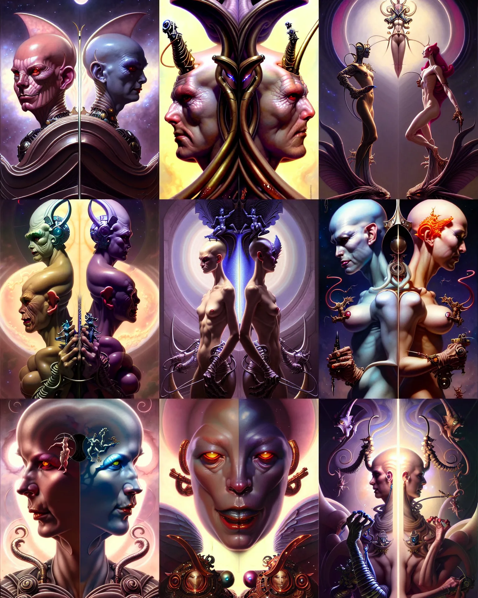 Image similar to beautiful gemini good and evil fantasy character portrait, ultra realistic, wide angle, intricate details, the fifth element artifacts, highly detailed by peter mohrbacher, hajime sorayama, wayne barlowe, boris vallejo, aaron horkey, gaston bussiere, craig mullins