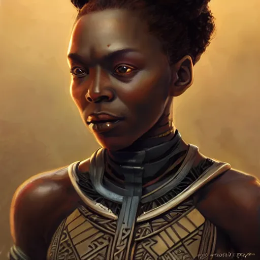 Image similar to beautiful, very strong, wakanda warrior woman, middle aged, face, no makeup, no tattoos, warrior, battle hardened, head shot, fantasy, highly detailed, digital painting, artstation, concept art, smooth, sharp focus, illustration, art by jodie muir and brom