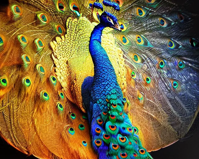 Prompt: dragon peacock. intricate, centered, amazing composition by amano yoshitaka, by rembrandt 1 6 6 7, illustrious makinami, digital art, digital painting, artstation trending, unreal engine, beautiful light and shadows, matte, fractal flame, transparent jellyfish, transparent feathers, bio luminescent, ice, water