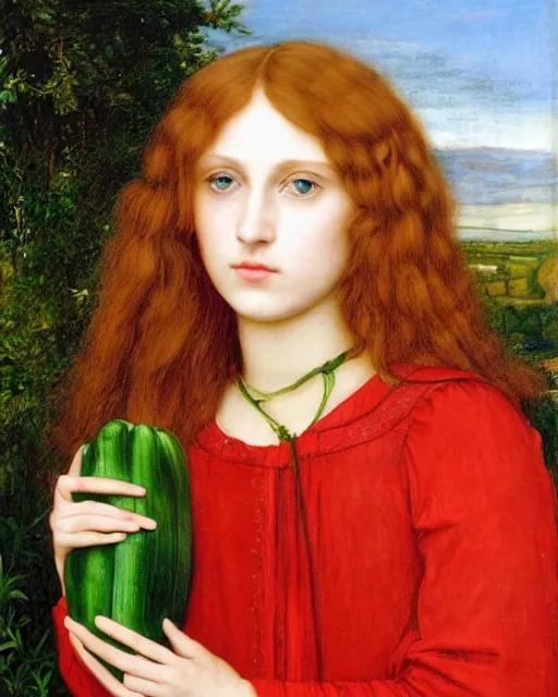 Image similar to Pre-Raphaelite portrait of a young, beautiful girl with short blond-hair and grey eyes holding a courgette