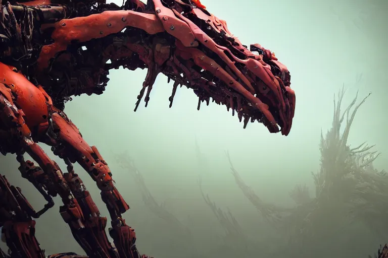 Image similar to portrait of a posed hyper detailed complex, plowhorn evangelion realistic mechanical and fleshy organic creature similar look as horizon forbidden west horizon zero dawn bioluminiscence in a dark deep forest at dawn in spring, with reflection and textures, by kilian eng, substance painter reaslitic mech surface metal painted scratches