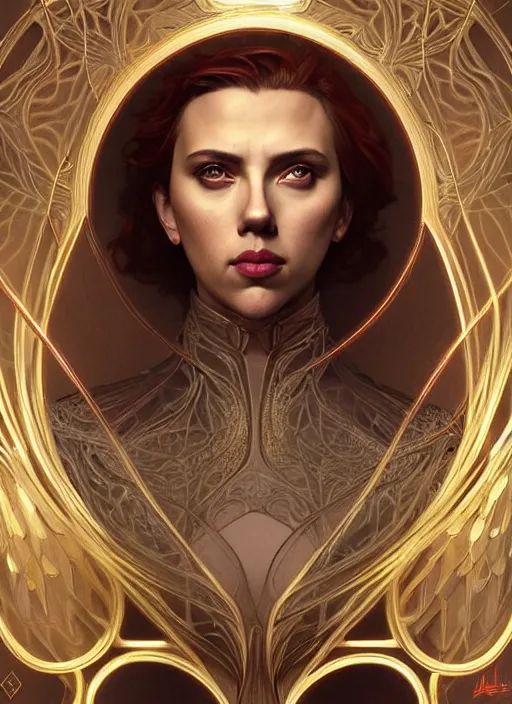 Prompt: symmetry!! portrait of scarlett johansson, fantasy, medieval wear, intricate, elegant, highly detailed, digital painting, artstation, concept art, smooth, sharp focus, illustration, art by artgerm and greg rutkowski and alphonse mucha