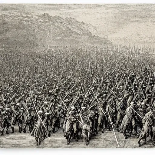 Prompt: Marching Army by Gustav Doré