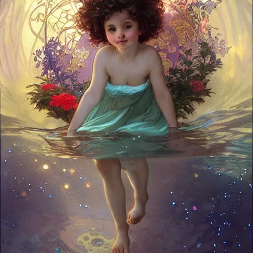 Image similar to a cute little girl with a round cherubic face, blue eyes, and short curly light brown hair floats underwater with stars all around her. She is wearing a colorful dress. Beautiful painting by Artgerm and Greg Rutkowski and Alphonse Mucha