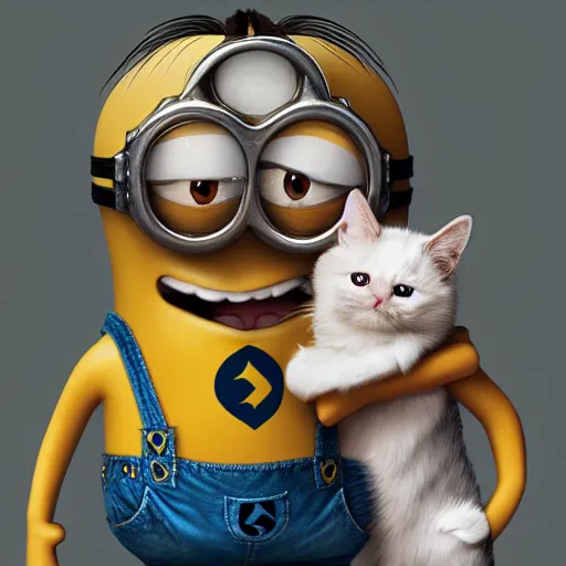 Image similar to an epic painting minion holding a kawaii cat, pencil drawing, perfect composition, golden ratio, beautiful detailed, photorealistic, digital painting, concept art, smooth, sharp focus, illustration, artstation trending, octane render, unreal engine