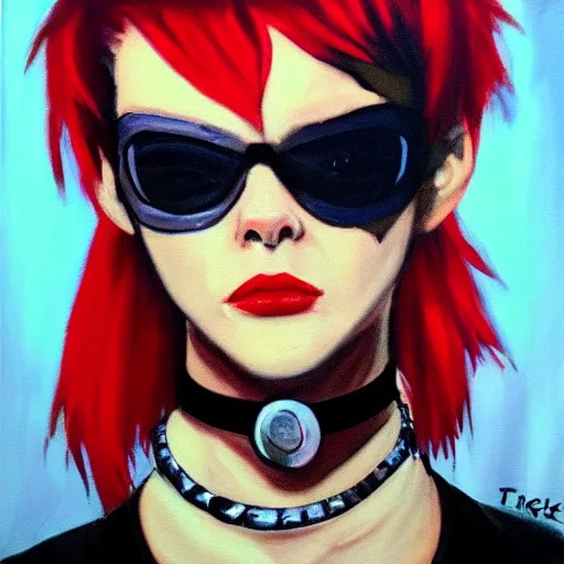 Image similar to oil painting of punk looking tracer wearing steel choker,