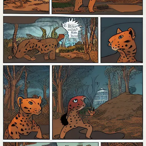 Image similar to the story of the leopard and the tortoise in the style of josan gonzalez