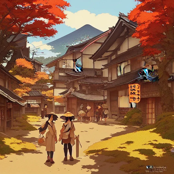 Prompt: japanese rural town, autumn, in the style of studio ghibli, j. c. leyendecker, greg rutkowski, artem