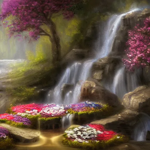 Prompt: waterfall coming out of a calliope instrument, covered in flowers, photography, trending on pixiv, 4k, cinematic lighting, realistic painting