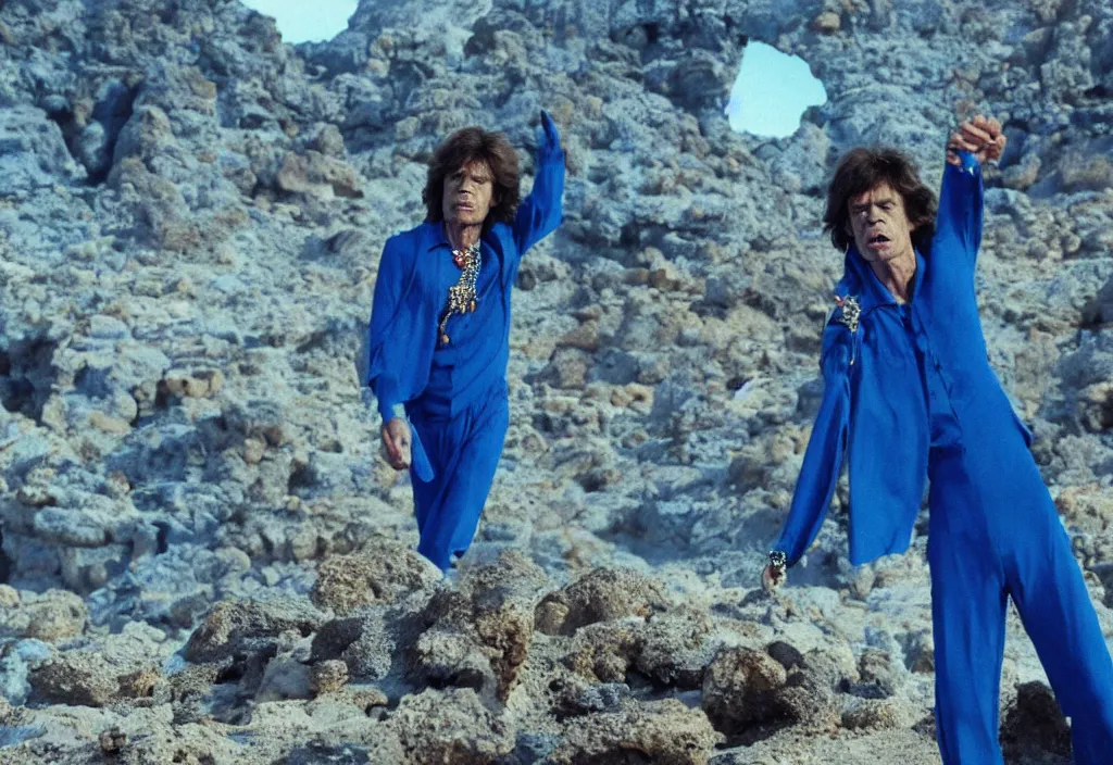 Image similar to mick jagger dressed in blue costume with many jewels in a dry rocky desert landscape, ultradetailed alien complex city and giant alien spaceship in the background, by christopher doyle and alejandro jodorowsky, anamorphic lens, kodakchrome, cinematic composition, masterpiece, 8 k