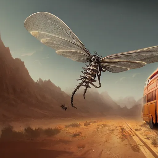 Image similar to giant horsefly monster attacking a silver school bus in the desert, ultra detailed, 8 k, greg rutkowski, artgerm, trending on artstation, award - winning art,