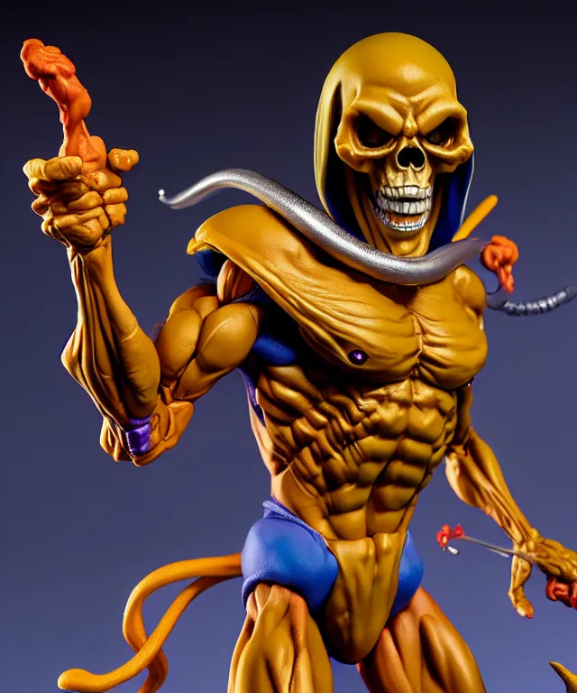 Image similar to hyperrealistic rendering, skeletor, by art of skinner and richard corben and jeff easley, product photography, action figure, sofubi, studio lighting, colored gels