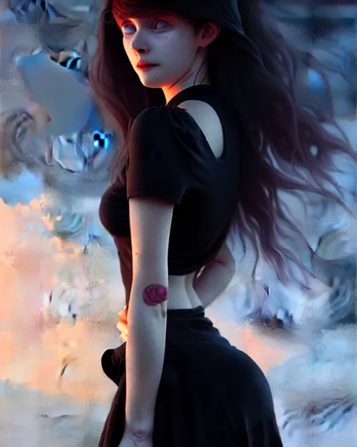 Image similar to hyper - realistic portrait of a gothic girl, dynamic wavy hair, perspective body anatomy, detailed designs, digital painting, 4 k, by ilya kuvshinov, by greg rutkowski, atmospheric lighting