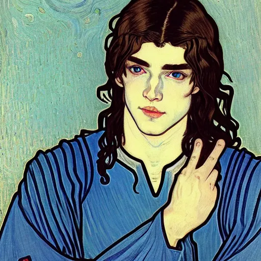 Image similar to portrait painting of young handsome beautiful paladin elf!! man with long! wavy dark hair and blue eyes in his 2 0 s named taehyung minjun james, pale, wearing armor!, gorgeous hair, elf ears, icy eyes, elegant, cute, delicate, soft facial features, art by alphonse mucha, vincent van gogh, egon schiele,