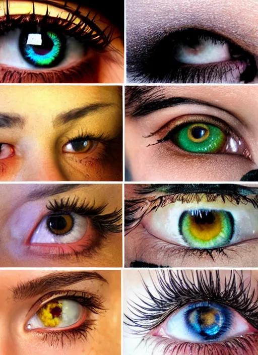 Image similar to grid montage of eyes, detailed colored textures, eyelashes, advanced art, art styles mix, from wikipedia, wet reflections in eyes, sunshine light, hd macro photograph, from side, various eyelid positions, black pupil centered