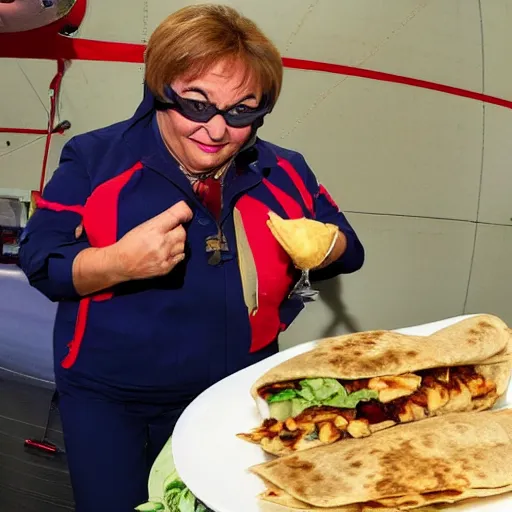 Prompt: lidia bastianich skydiving while eating a burrito