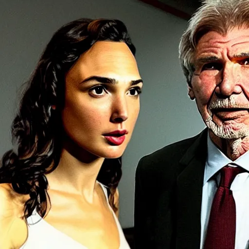 Image similar to gal gadot and harrison ford as the couple in the painting american gothic 4 k photorealism hd