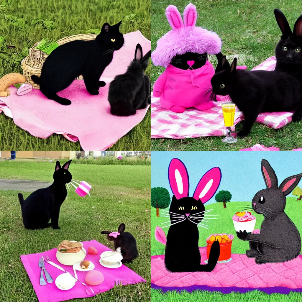 Prompt: a black cat and a bunny with pink fur are having a picnic