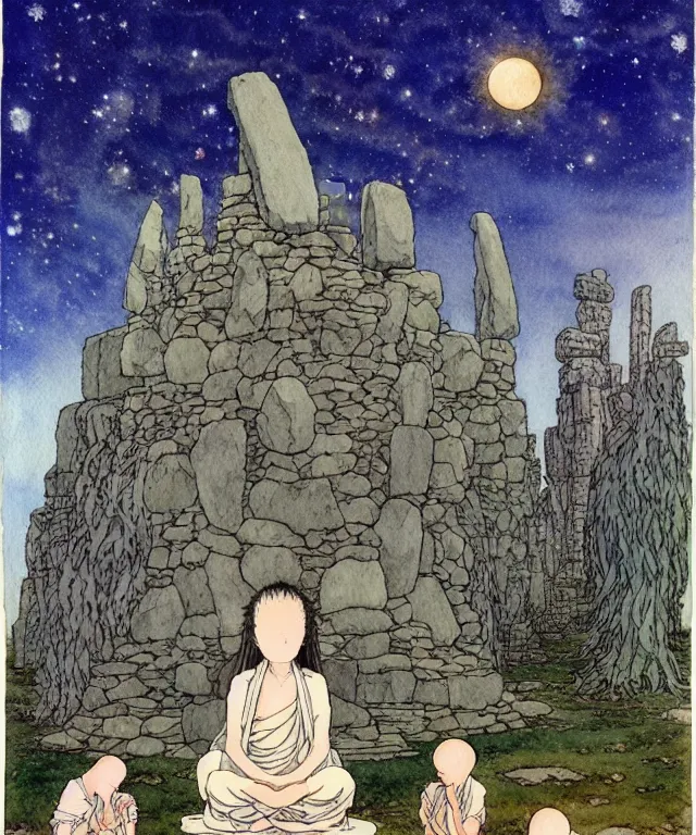 Prompt: a hyperrealist studio ghibli watercolor fantasy concept art of a giant long haired grey witch in lotus position sitting on top of stonehenge with a starry sky in the background. a group of tiny monks are praying them themselves. by rebecca guay, michael kaluta, charles vess