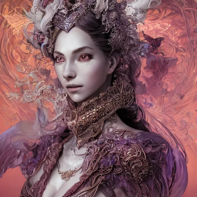 Prompt: the portrait of the lawful evil sorceress archetype personified as an absurdly beautiful, graceful, elegant, sophisticated, young woman, an ultrafine hyperdetailed illustration by kim jung gi, irakli nadar, intricate linework, bright colors, octopath traveler, final fantasy, unreal engine highly rendered, global illumination, radiant light, detailed and intricate environment