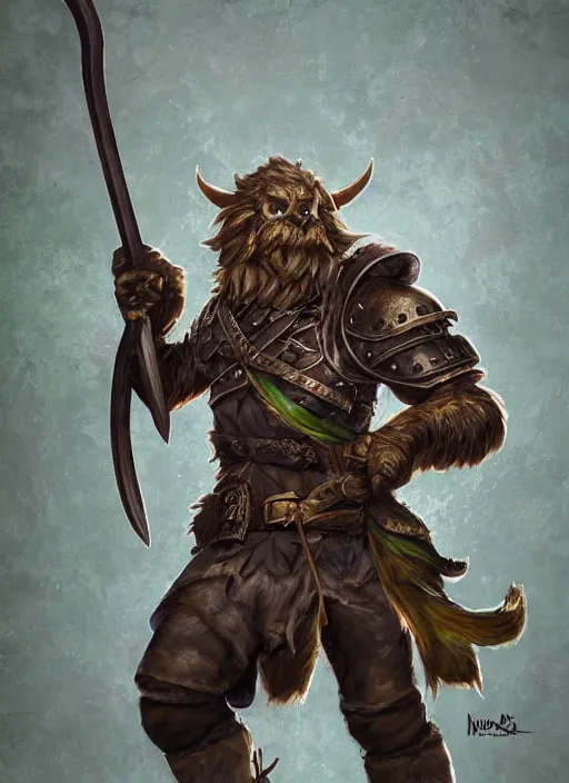 Image similar to strong young man, photorealistic bugbear ranger holding sword, fire magic, black beard, dungeons and dragons, pathfinder, roleplaying game art, hunters gear, jeweled ornate leather and steel armour, concept art, character design on white background, by norman rockwell, makoto shinkai, kim jung giu, artstation trending, poster art, colours red and green