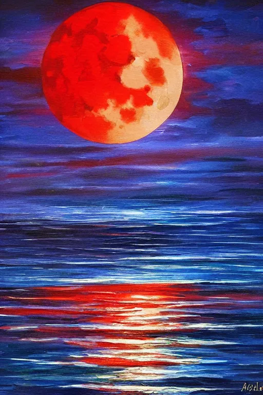 Image similar to red moon reflecting in the sea, night, low angle, in the style of Afremov Leonid