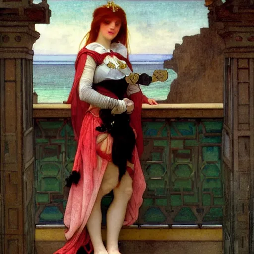 Image similar to A girl with jester clothes and a sword on the front of a Balustrade with a beach on the background, major arcana clothes, by paul delaroche, alphonse mucha and arnold böcklin arnold böcklin hyperrealistic 8k, very detailed