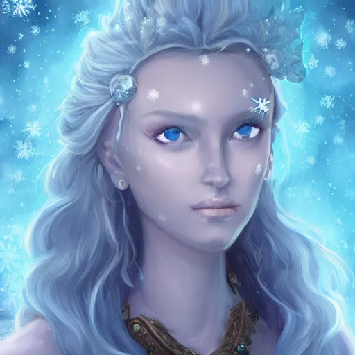Image similar to auril, goddess of winter, crystalline woman made of ice wielding a warhammer made of ice, digital art, trending on artstation, portrait