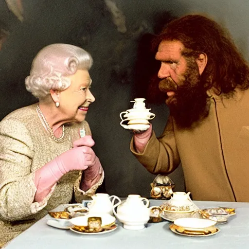 Prompt: photo of queen elizabeth having tea with a neanderthal caveman