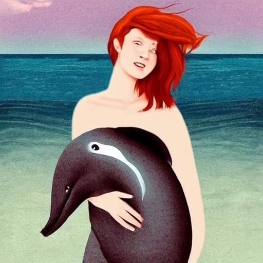 Prompt: a portrait of a red headed young woman hugging a whale in a scenic environment, digital art by Bowater Charlie