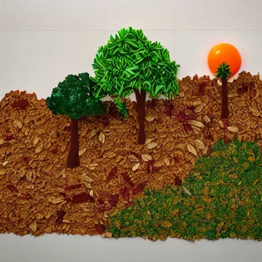 Image similar to landscape made out of breakfast foods. oatmeal mountains, orange juice river, bacon trees. photorealistic, tilt shift effect, 3 5 mm