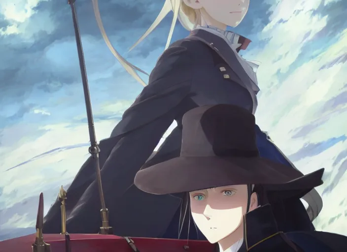 Image similar to portrait of lady maria, helm of second world war warship in background, illustration concept art anime key visual trending pixiv fanbox by wlop and greg rutkowski and makoto shinkai and studio ghibli and kyoto animation, symmetrical facial features, red eyes, astral witch clothes, modern warfare, realistic anatomy, gapmoe yandere grimdark, volumetric lighting, backlit