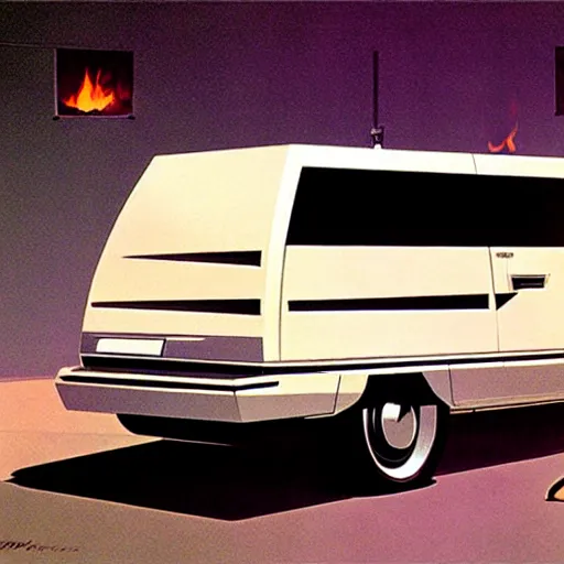 Image similar to concept art for a van with a built - in fire pit, painted by syd mead, high quality