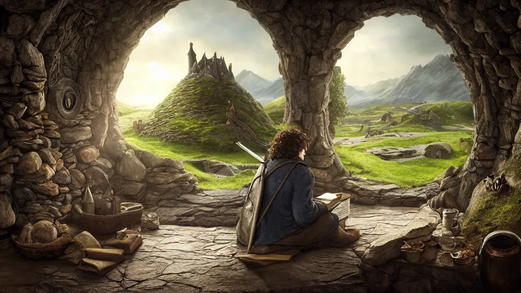 Image similar to frodo writing in his journal inside his hobbit hole bag end at the end of his journey, hobbiton visible through a window, by alan lee, michal karcz, smooth details, lord of the rings, game of thrones, smooth, detailed terrain, oil painting, trending artstation, concept art, fantasy matte painting, over the shoulder camera shot