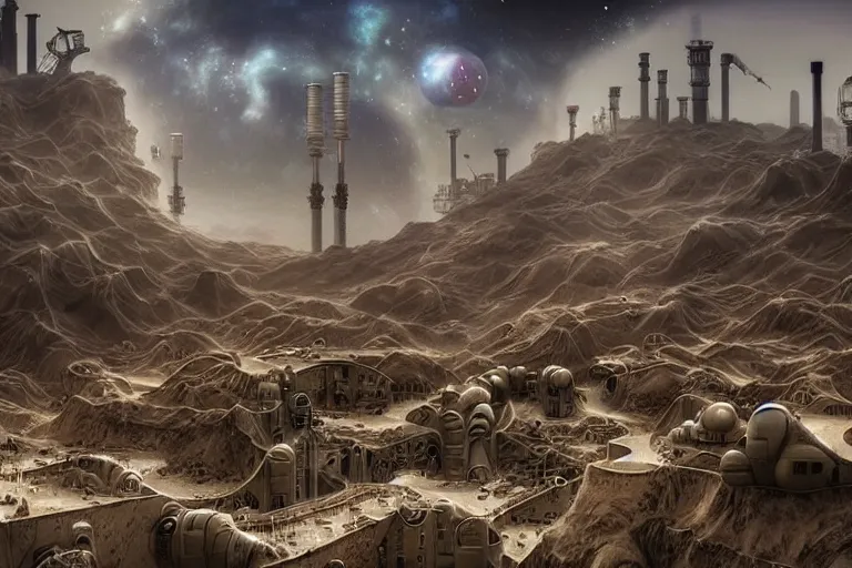 Image similar to sci - fi favela sculpture, art nouveau desert environment, industrial factory, cliffs, gloomy, milky way, award winning art, epic dreamlike fantasy landscape, ultra realistic,