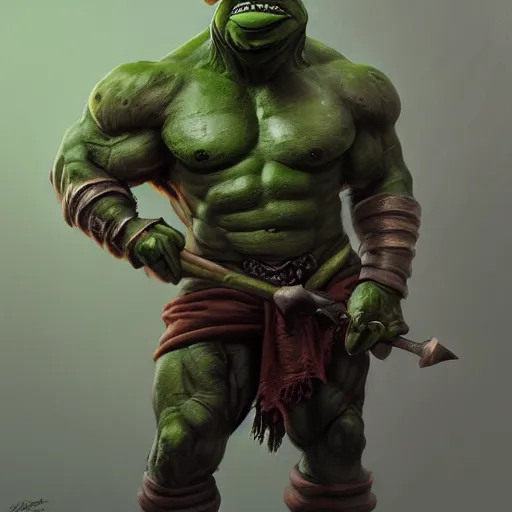 Image similar to kermit the frog as a buffed up orc like warrior, ultrarealistic, dramatic lighting, electrical details, high details, 4 k, 8 k, best, accurate, trending on artstation, artstation, photorealism, ultrarealistic, digital painting, style of peter mohrbacher, caravaggio, boris vallejo
