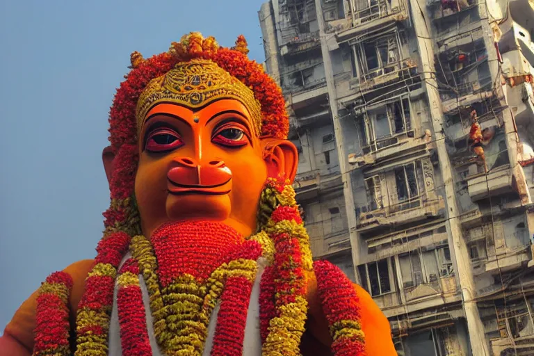 Image similar to dreamscape! mumbai with biomorphic hanuman!! head building, kalighat, sharp hyperrealistic cinematic smooth, stephen shore & john j. park, soft morning light, wide shot, high angle, uhd 8 k, deep focus