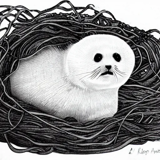 Image similar to botanical drawing of a baby harp seal tangled in kelp