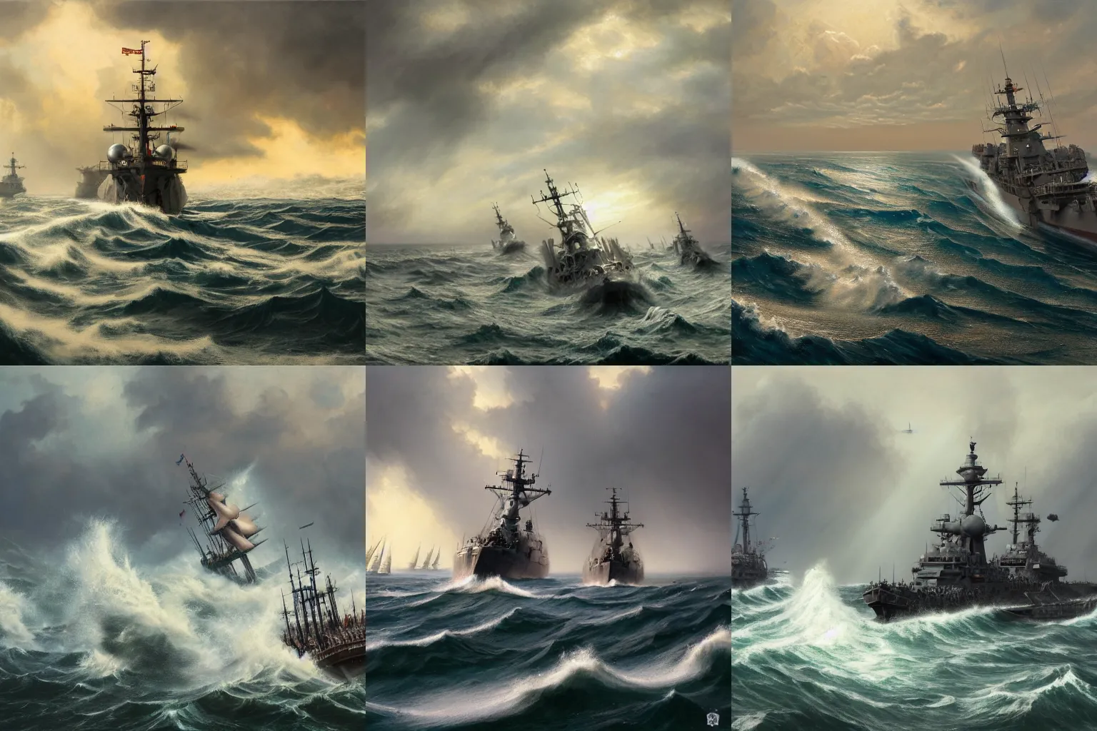 Prompt: large battle ships battle the war at sea, large stormy waves, people in life boats, artstation, concept art,dramatic light, hdri, smooth, sharp focus, illustration, fantasy, intricate, elegant, highly detailed, D&D, matte painting, in the style of donato giancola, Joseph Christian Leyendecker, Greg Rutkowski, 8k, highly detailed,