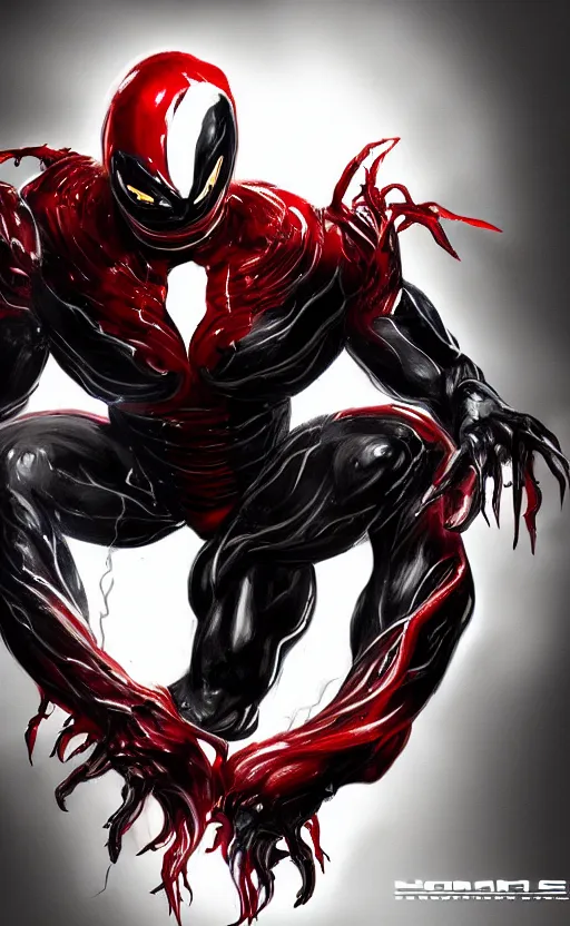 Image similar to venom in a venom inspired ironman suit, black and red, dynamic lighting, photorealistic fantasy concept art, trending on art station, stunning visuals, terrifying, creative, cinematic