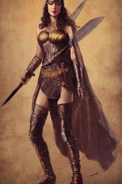 Image similar to highly detailed steampunk gal gadot standing, cape, sword : leonardo da vinci, greg rutkowski, magali villeneuve