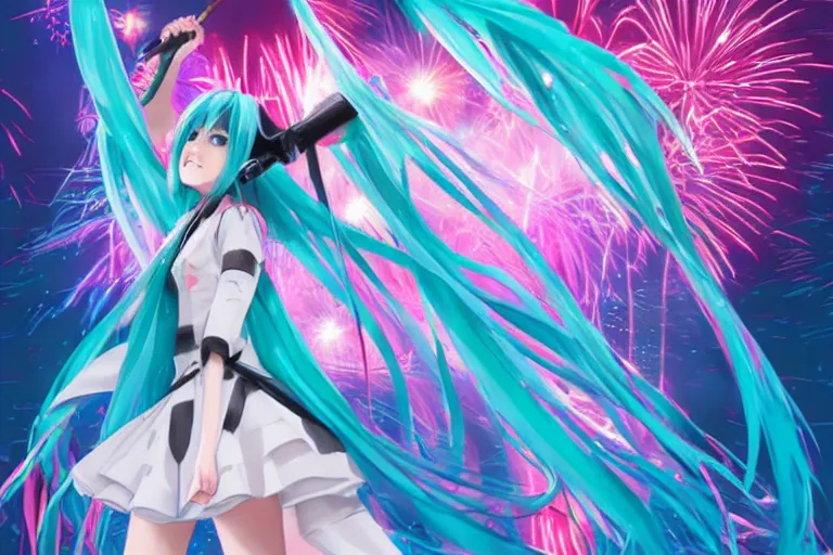 Prompt: hatsune miku singing for the whole world, fireworks at the greatest festival of all time, by ross tran, oil on canvas