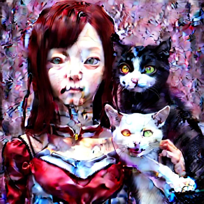 Prompt: renaissance portrait of the secretive vampire girl loner smiling at her cat, by katsuhiro otomo, yoshitaka amano, nico tanigawa, and artgerm rendered with 3 d effect.