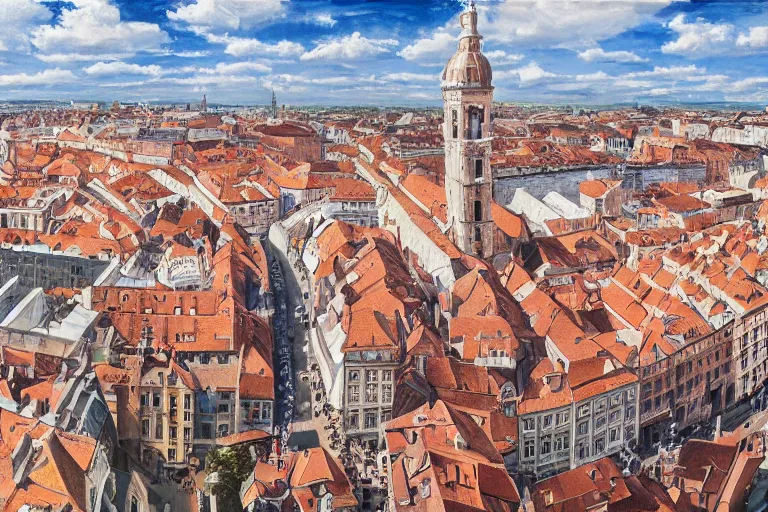 Image similar to drone view of an old european city, hyperrealism painting, wide angle, very detailed, high resolution