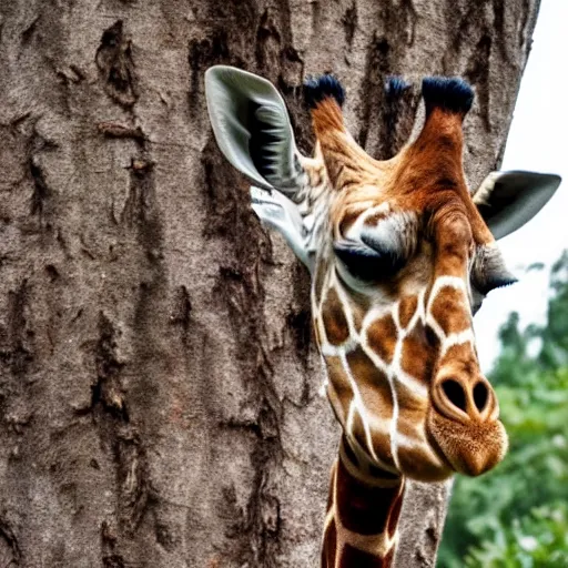 Image similar to a giraffe taking a bite out of a tree