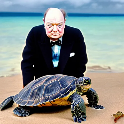 Prompt: An astonished Winston Churchill discovers the first turtle ever in Galapagos, national geographic, BBC, XF IQ4, f/1.4, ISO 200, 1/160s, 8K, RAW, unedited, face retouched