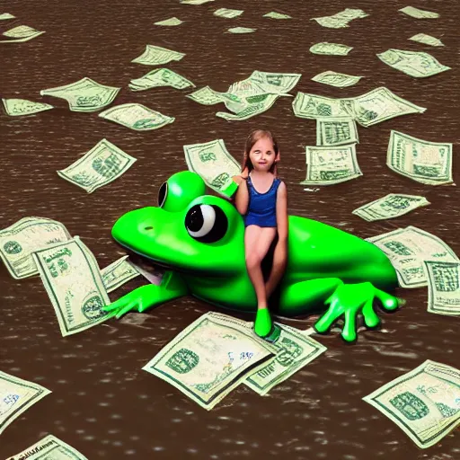 Image similar to A girl in a frog costume is drowning in money real render