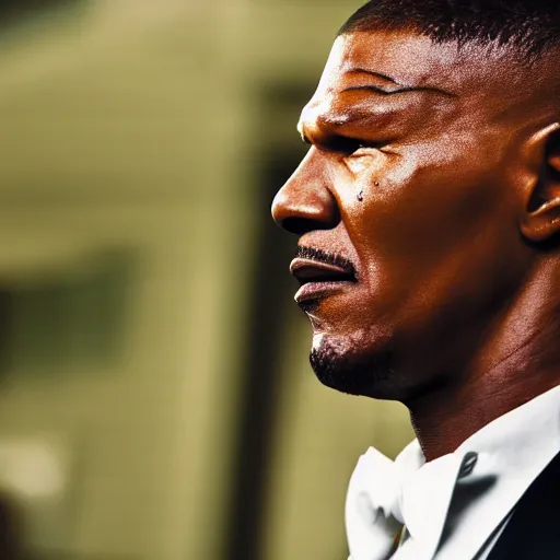 Prompt: a cinematic film still of Jamie Foxx starring as Mike Tyson, portrait, 40mm lens, shallow depth of field, close up, split lighting, cinematic