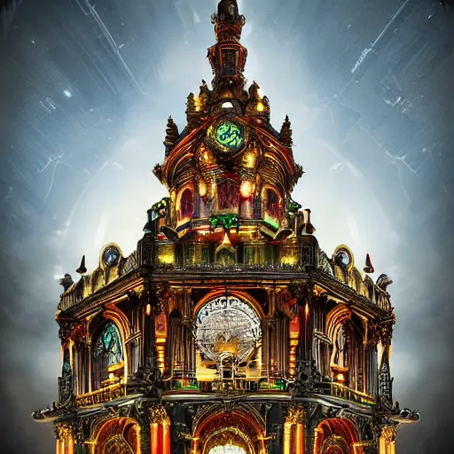 Image similar to the munificent laboratory + 8k, optane render, incredible post-processing lighting, godrays, center frame, intricate details, ultra-detailed, hyperrealistic, ornate, luxurious, colossal, filigree, multi-leveled, surrounded by gardens, pristine, epoxy style, a large single tower in center that is the focus, multicolored, exotic, zaha hadid architecture, incredible lighting, ray traced reflections, lots of windows, trending on artstation. epic composition, wide angle, intense, cinematic, awe-inspiring, by Miyazaki, Nausicaa Ghibli, Breath of The Wild