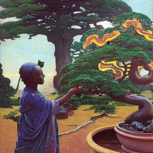 Image similar to Old African gardener cutting bonsai trees, isyllic Garden, by Annie Swynnerton and Nicholas Roerich and jean delville, glowing paper lanterns, strong dramatic cinematic lighting , ornate tiled architecture, lost civilizations, smooth, sharp focus, extremely detailed